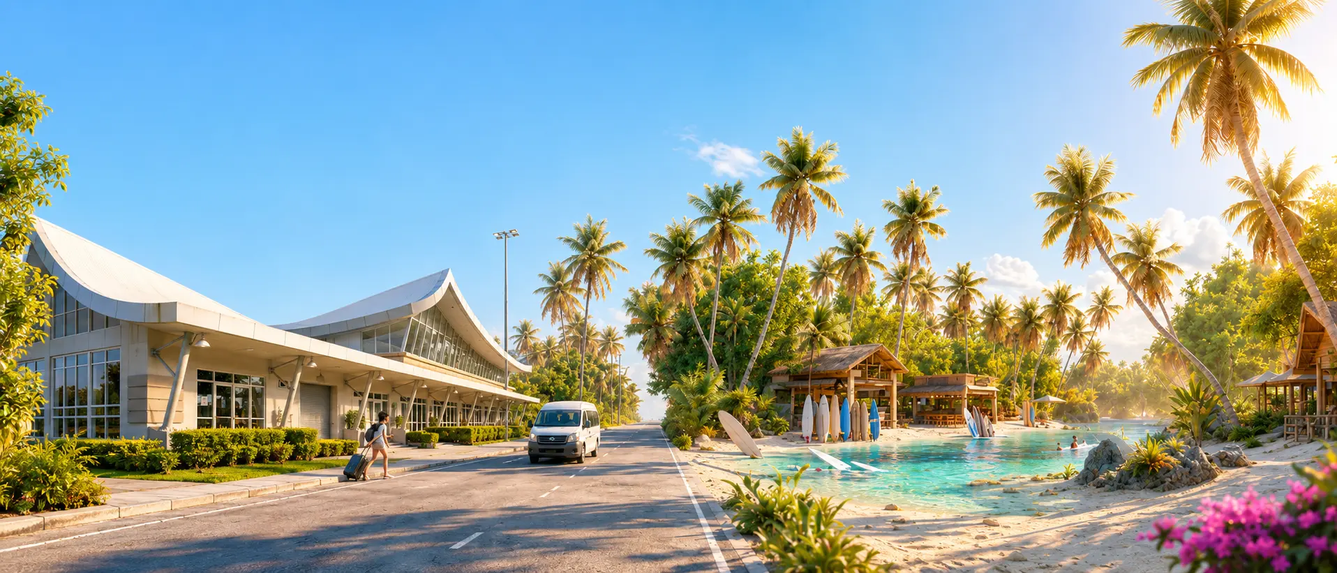 Airport transfer van on a palm-lined Siargao road